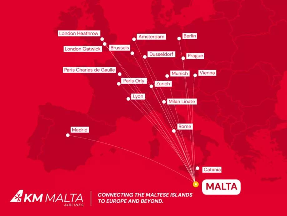 Карта на маршрута на KM Malta Airlines