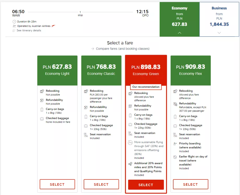 Economy class tariffs